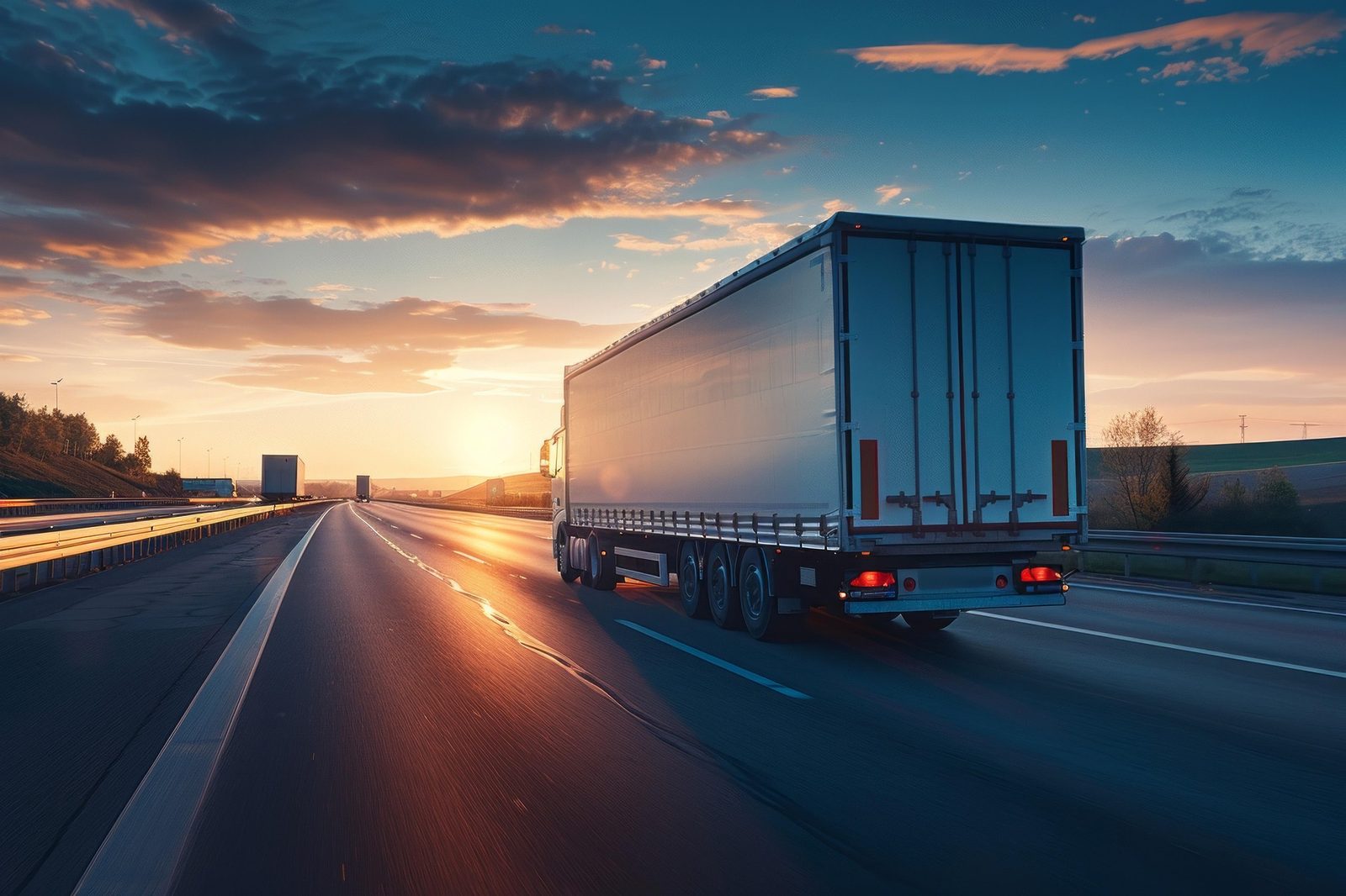 Caminhão na rodovia ao entardecer, representando o alcance nacional do transporte